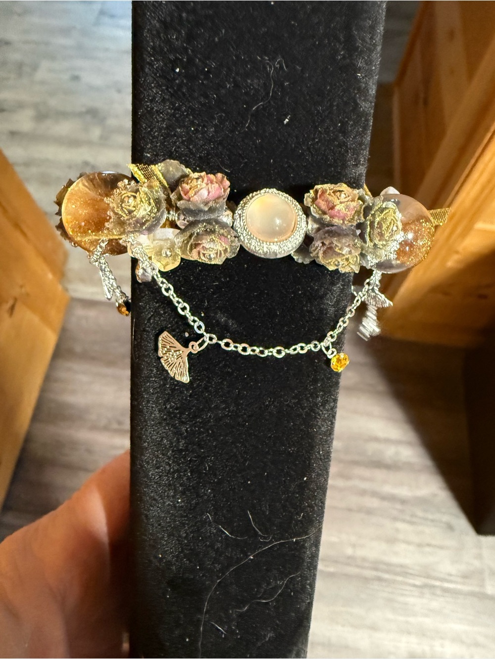 Floral Pearl Accent Bracelet with Charm Chain - Gold and Ember colour